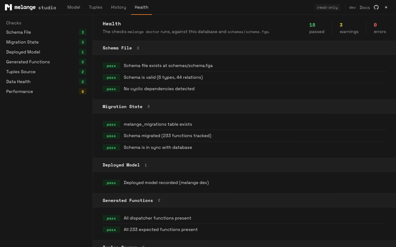 The Health page showing melange doctor checks grouped by category with pass and warning counts