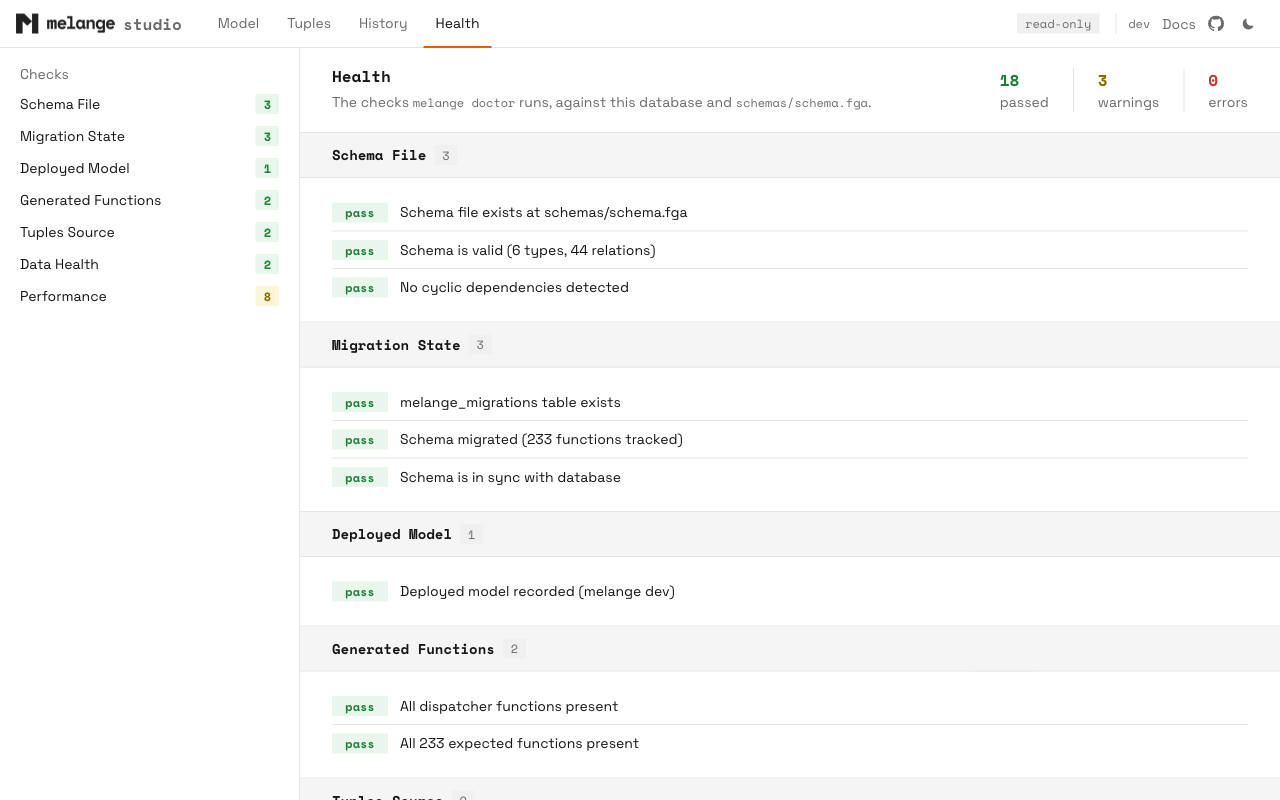 The Health page showing melange doctor checks grouped by category with pass and warning counts