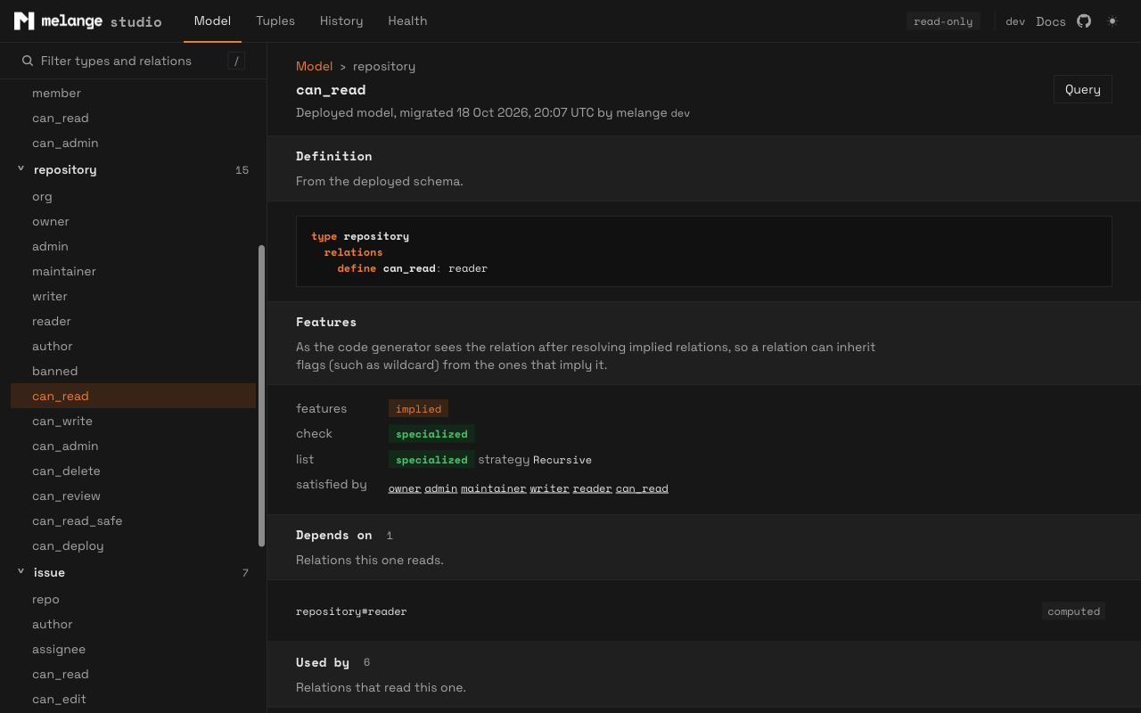 The relation page for repository#can_read, with its definition, feature analysis and dependencies