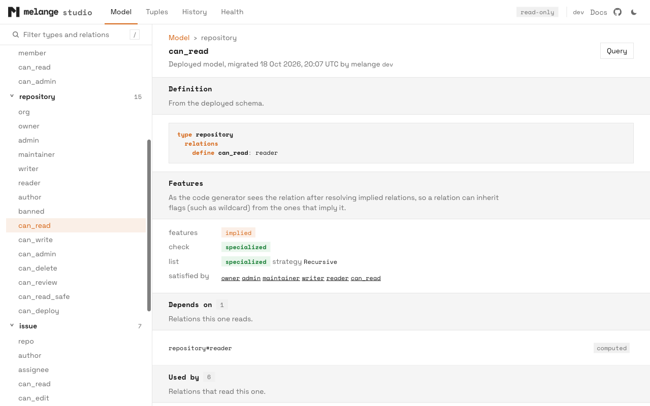 The relation page for repository#can_read, with its definition, feature analysis and dependencies